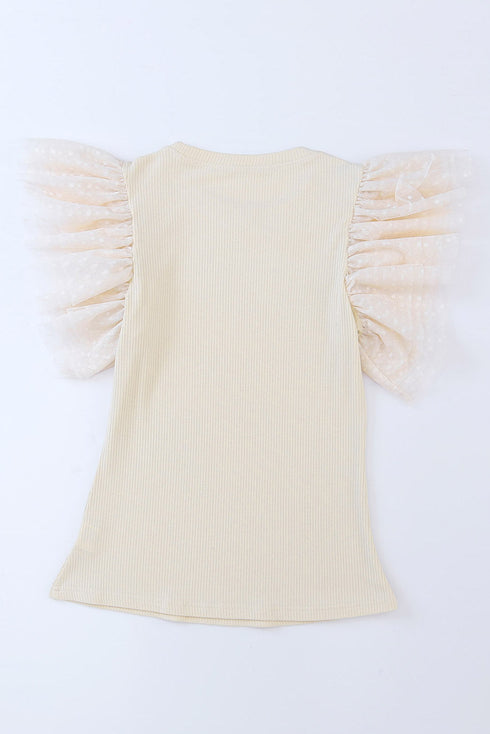 Ribbed Knit Bodice With Dotty Mesh Ruffle Sleeves Top