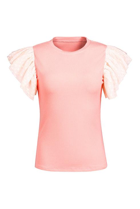 Ribbed Knit Bodice With Dotty Mesh Ruffle Sleeves Top