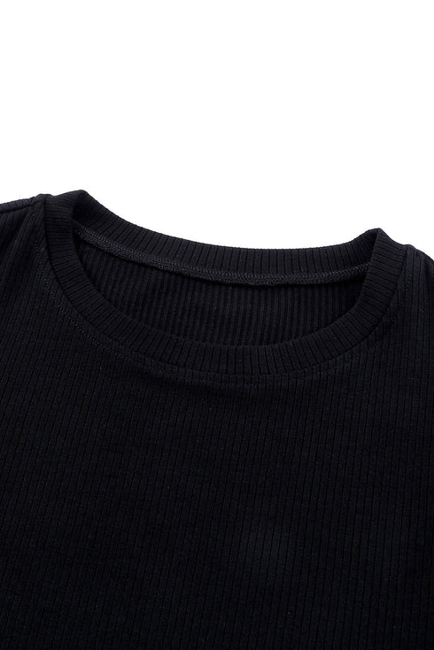 Ribbed Knit Bodice With Dotty Mesh Ruffle Sleeves Top