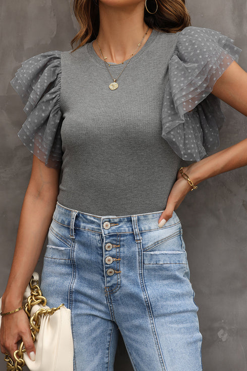 Ribbed Knit Bodice With Dotty Mesh Ruffle Sleeves Top