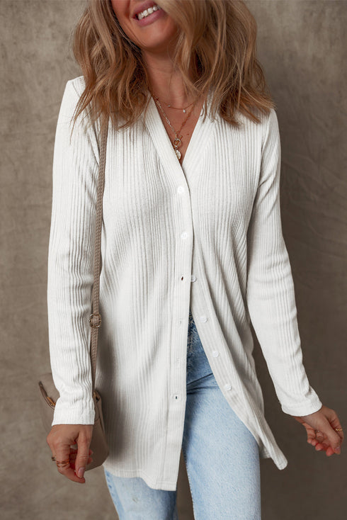 Ribbed Knit Button Front Collared Longline Cardigan