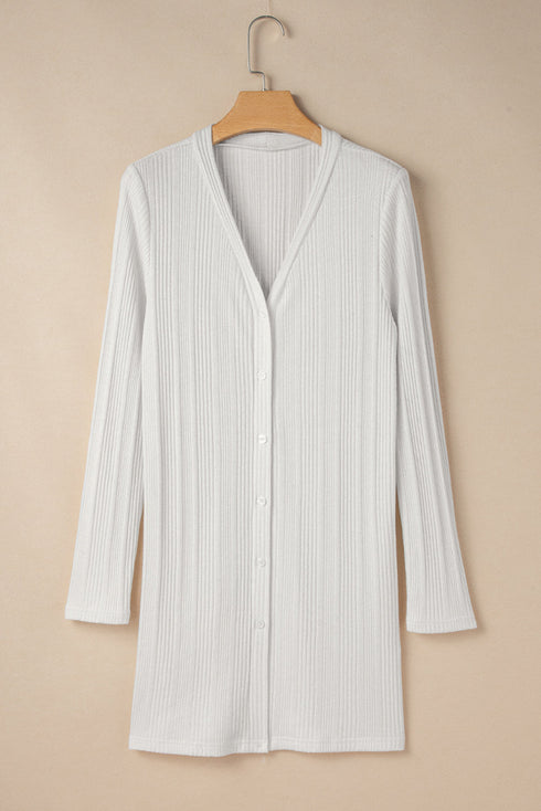 Ribbed Knit Button Front Collared Longline Cardigan