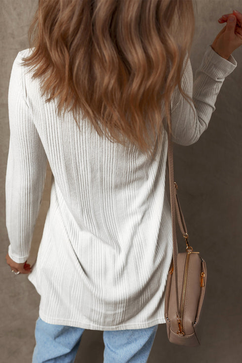 Ribbed Knit Button Front Collared Longline Cardigan