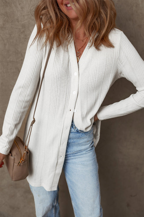 Ribbed Knit Button Front Collared Longline Cardigan