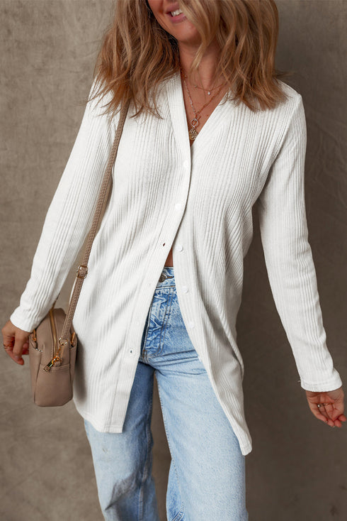 Ribbed Knit Button Front Collared Longline Cardigan