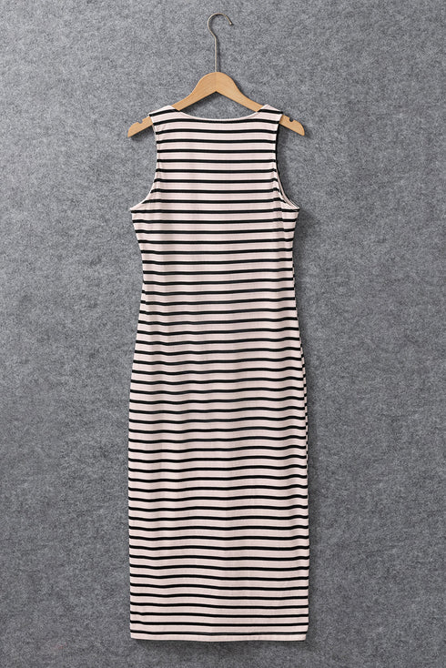 Ribbed Knit Button Front Sleeveless Midi Dress