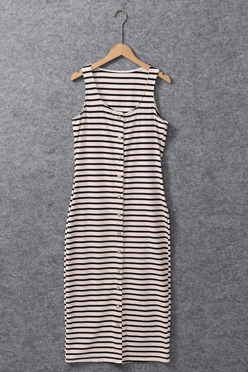 Ribbed Knit Button Front Sleeveless Midi Dress