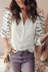 Ribbed Knit Button Placket Patchwork Three Quarter Sleeve Top