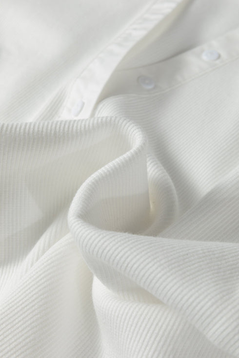 Ribbed Knit Button Placket Patchwork Three Quarter Sleeve Top
