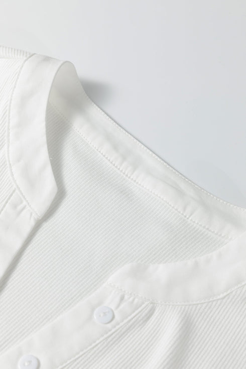 Ribbed Knit Button Placket Patchwork Three Quarter Sleeve Top