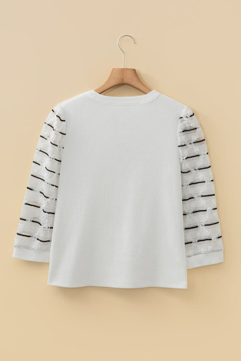 Ribbed Knit Button Placket Patchwork Three Quarter Sleeve Top