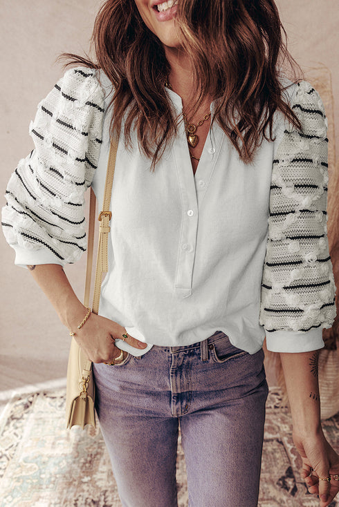 Ribbed Knit Button Placket Patchwork Three Quarter Sleeve Top