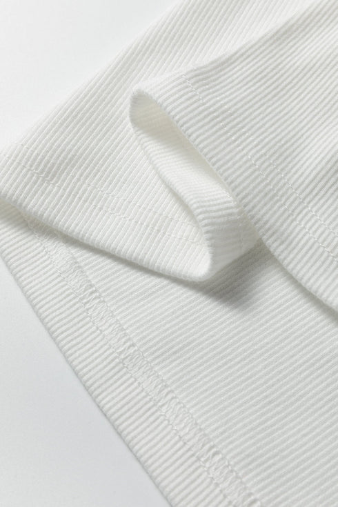 Ribbed Knit Button Placket Patchwork Three Quarter Sleeve Top