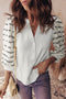 Ribbed Knit Button Placket Patchwork Three Quarter Sleeve Top