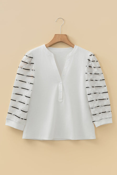 Ribbed Knit Button Placket Patchwork Three Quarter Sleeve Top