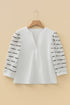 Ribbed Knit Button Placket Patchwork Three Quarter Sleeve Top