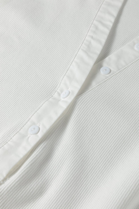 Ribbed Knit Button Placket Patchwork Three Quarter Sleeve Top