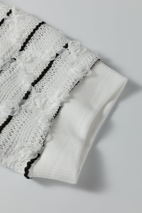 Ribbed Knit Button Placket Patchwork Three Quarter Sleeve Top