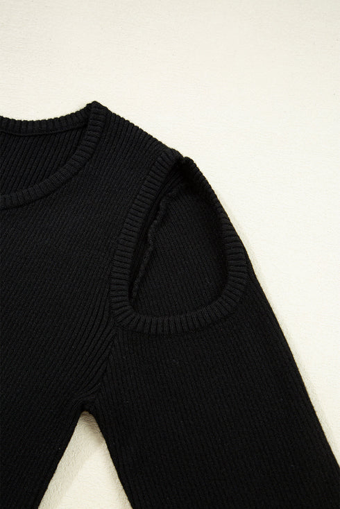 Ribbed Knit Cold Shoulder Long Sleeve Fitted Top