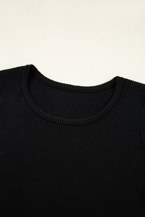 Ribbed Knit Cold Shoulder Long Sleeve Fitted Top