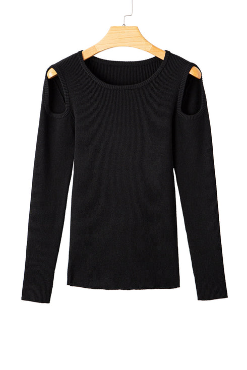 Ribbed Knit Cold Shoulder Long Sleeve Fitted Top