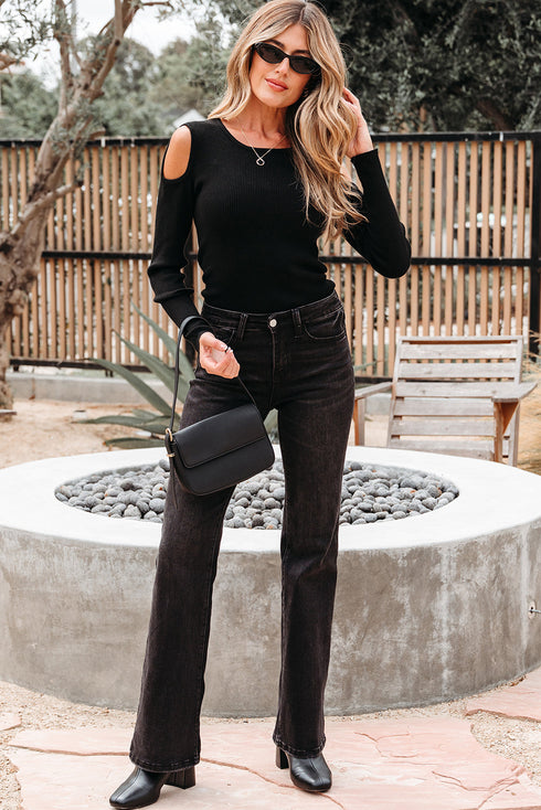 Ribbed Knit Cold Shoulder Long Sleeve Fitted Top