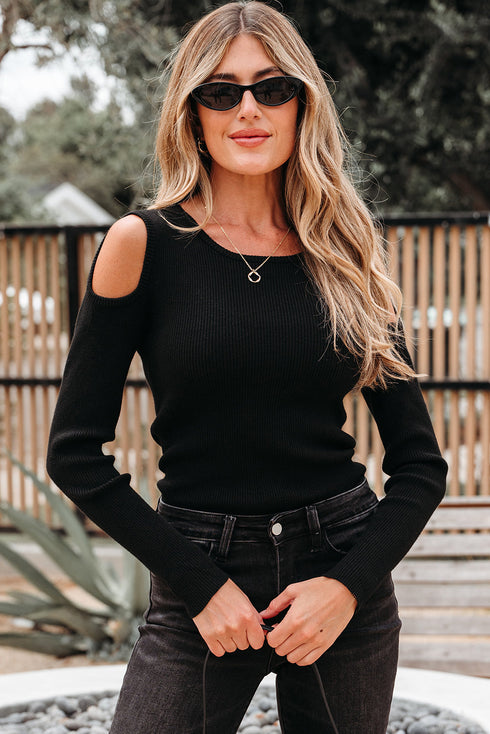 Ribbed Knit Cold Shoulder Long Sleeve Fitted Top