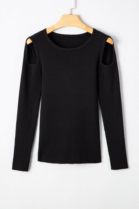 Ribbed Knit Cold Shoulder Long Sleeve Fitted Top