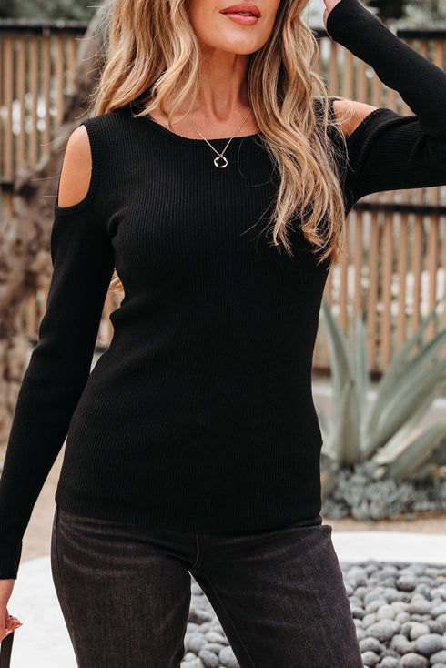 Ribbed Knit Cold Shoulder Long Sleeve Fitted Top