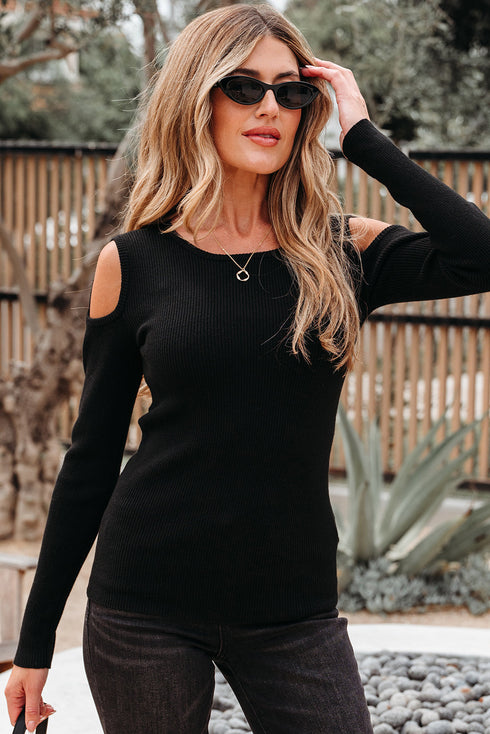 Ribbed Knit Cold Shoulder Long Sleeve Fitted Top