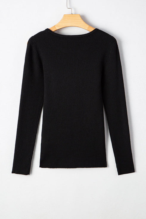 Ribbed Knit Cold Shoulder Long Sleeve Fitted Top