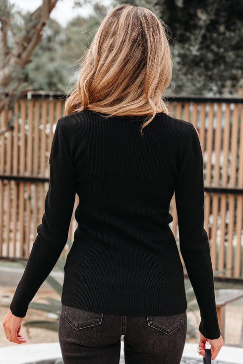 Ribbed Knit Cold Shoulder Long Sleeve Fitted Top