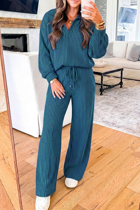 Ribbed Knit Collar V Neck Pullover Drawstring Pant Set