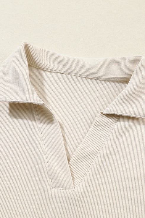 Ribbed Knit Collared Button Cuff Two Piece Lounge Set