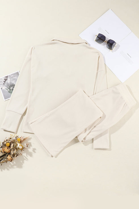 Ribbed Knit Collared Button Cuff Two Piece Lounge Set