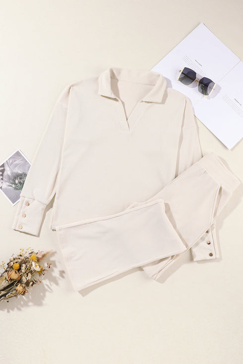 Ribbed Knit Collared Button Cuff Two Piece Lounge Set
