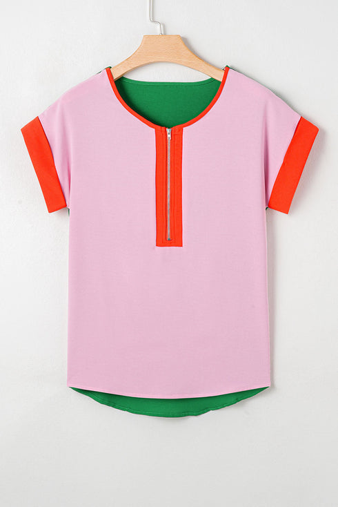 Ribbed Knit Collared Half Zip Short Sleeve Crop Top