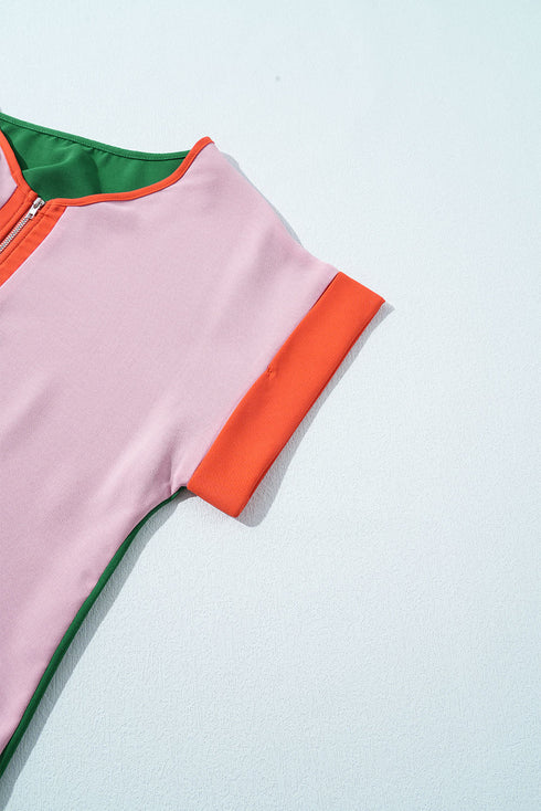 Ribbed Knit Collared Half Zip Short Sleeve Crop Top