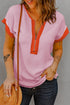 Ribbed Knit Collared Half Zip Short Sleeve Crop Top