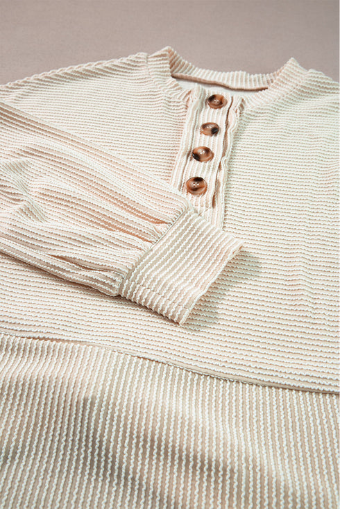 Ribbed Knit Collared Long Sleeve Relaxed Henley Top
