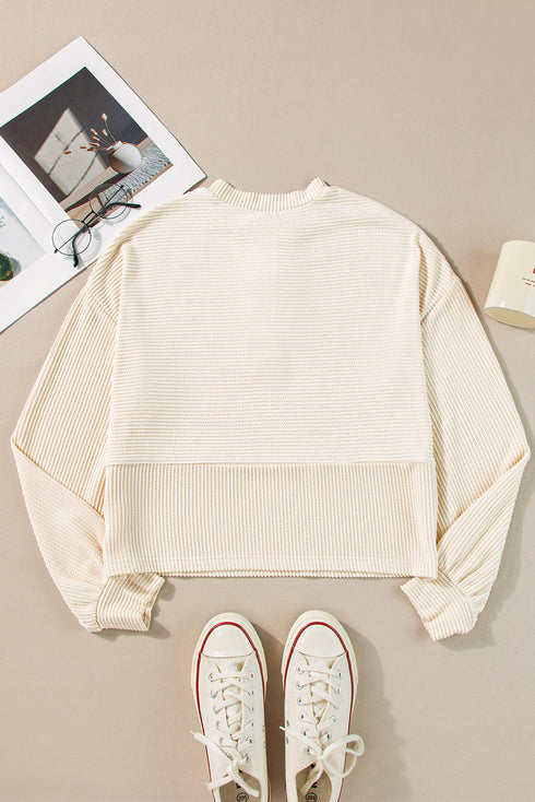 Ribbed Knit Collared Long Sleeve Relaxed Henley Top