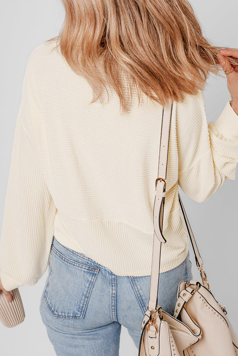Ribbed Knit Collared Long Sleeve Relaxed Henley Top