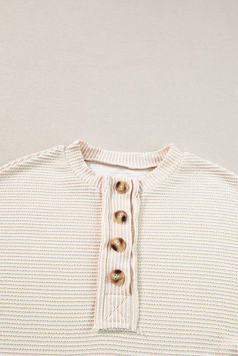 Ribbed Knit Collared Long Sleeve Relaxed Henley Top