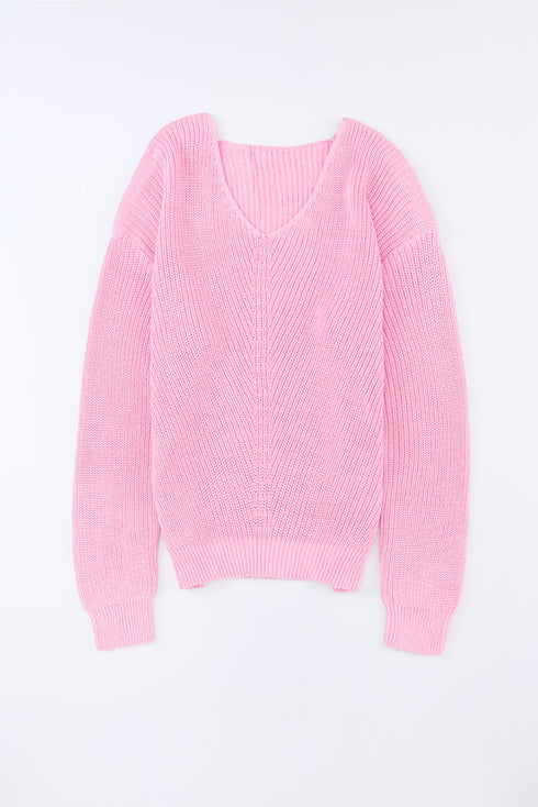 Ribbed Knit Collared V Neck Pullover Sweater