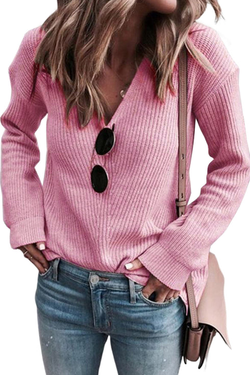 Ribbed Knit Collared V Neck Pullover Sweater