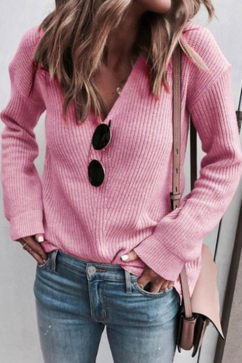 Ribbed Knit Collared V Neck Pullover Sweater