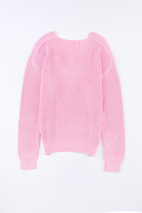 Ribbed Knit Collared V Neck Pullover Sweater
