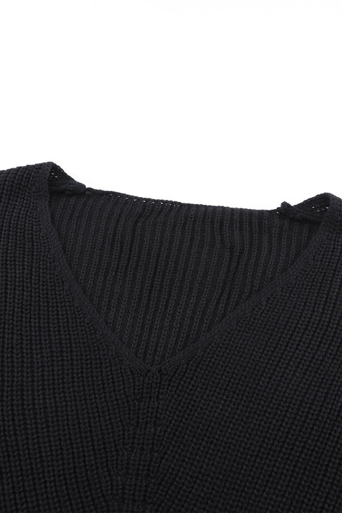 Ribbed Knit Collared V Neck Pullover Sweater