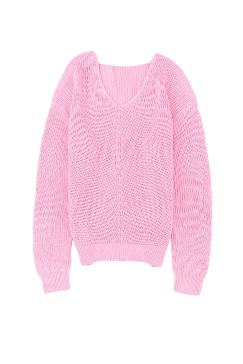 Ribbed Knit Collared V Neck Pullover Sweater