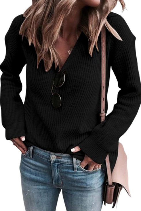 Ribbed Knit Collared V Neck Pullover Sweater